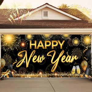 2026 Happy New Year Double Garage Door Decorations 7 x 16 Ft Black and Gold New Year Garage Door Cover Banner Outdoor Large Eve Backdrop for Home Wall Yard Decor (Firework)
