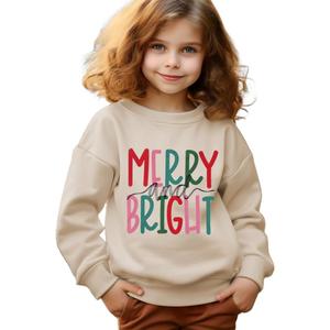 Merry and Bright Sweatshirt Kid Boy Girl Christmas Letter Print Pullover Crewneck Long Sleeve Shirt Tops 6-11 Years (8-9 Years, Apricot)