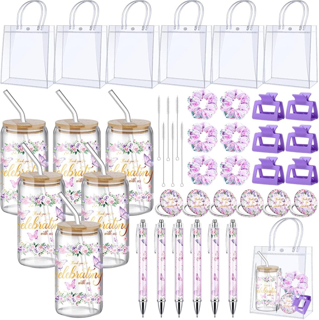 Boao 6 Set Baby Shower Game Prizes for Player Winners Tumblers with Lids Straws Mirrors Hair Scrunchies Pens Hair Clips Gift Bags for Baby Bridal Shower Wedding Game Favors(Purple Butterfly)