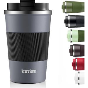 KETIEE Travel Coffee Mug Spill Proof 12oz, Insulated Reusable Coffee Cups with Seal Lid, Vacuum Stainless Steel Travel Mug to Go Car Tumbler for Hot/Iced Drinks (Grey) (Gray)