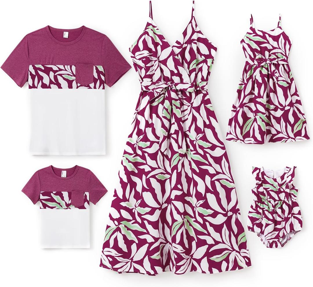 PATPAT Family Matching Outfits Mommy and Me Dresses Hawaiian Tropical Vacation Beach Spaghetti Strap Dress and Shirt (X-Large, Red Palm Leaf)