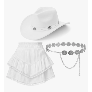 3 Pcs Western Cowgirl Outfits Cowboy Hat Boho Ruffle Skirt Concho Belt for Country Concert Mardi Gras Party M