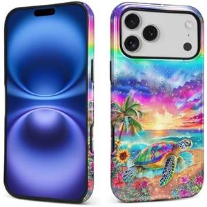 MQJCYB Case for iPhone 17 Pro Max,Hybrid Heavy Duty 2 in 1 Full Body Rugged Shockproof Protection Glossy Case for iPhone 17 Pro Max Sea Turtle Sunflowers