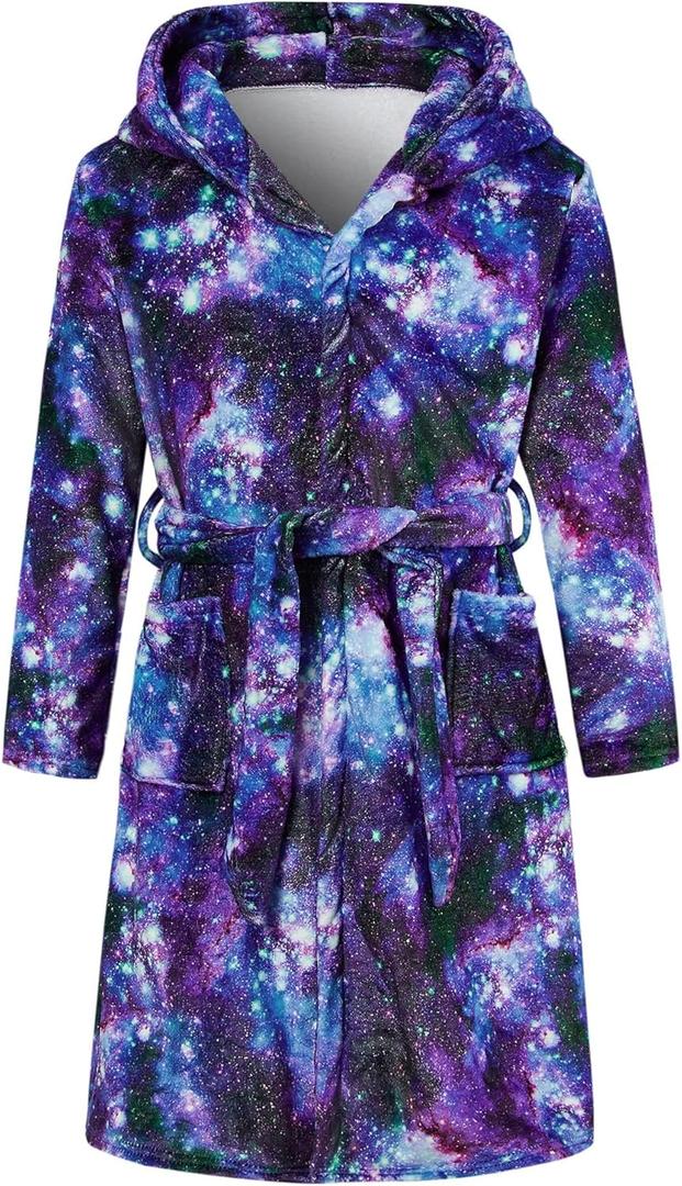 Funnycokid Boys Space Robes Kids Galaxy Bathrobe Hooded Fleece Pajamas Size 10 12 Flannel Sleepwear 10-12 Years