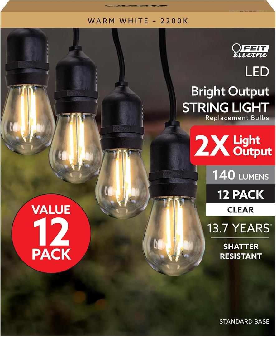 Feit Electric S14 LED Filament Light Bulbs, High Output, 2200K Warm White, 140 Lumens, String Light Replacement Bulbs, 15,000-Hour Lifespan, Clear Durable Housing, S14HO/822/FIL/12, 12 Pack