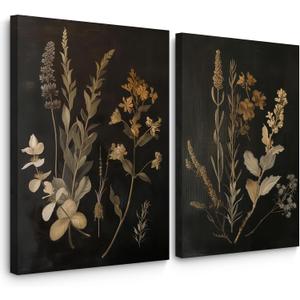 Vintage Floral Wall Art Decor Black Botanical Canvas Art Moody Flower Wall Art Dark Academia Poster Painting Vintage Floral Prints Pictures for Bedroom Living Room 24x36 Inch Framed Set of 2
