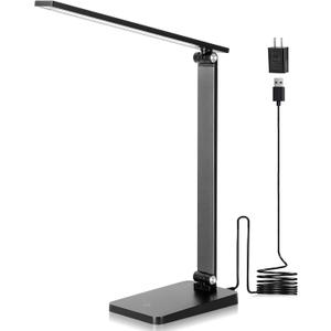 LED Desk Lamp for Home Office, 3 Levels Dimmable Desk Light with USB Charging Port, Small Study Lamp, Reading Light for Table, Black, 5000K