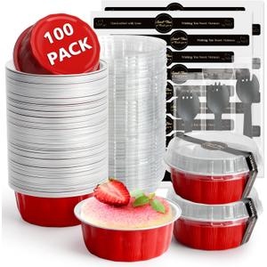 100 PCS 8oz Round Mini Baking Cups with Lids,Mini Loaf Pans with Lids,Disposable Aluminum Foil Ramekins Baking Cups for Birthday Party Weddings (Red, 8oz)