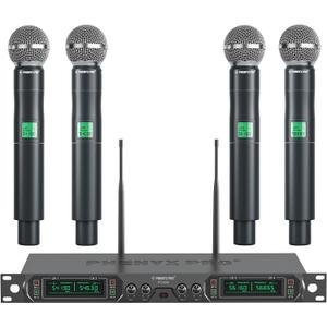 Phenyx Pro Wireless Microphone System, 4-Channel UHF Wireless Mic, Fixed Frequency Metal Cordless Mic with 4 Handheld Dynamic Microphones, 260ft Range, Mics for Singing, Church(PTU-5000-4H)