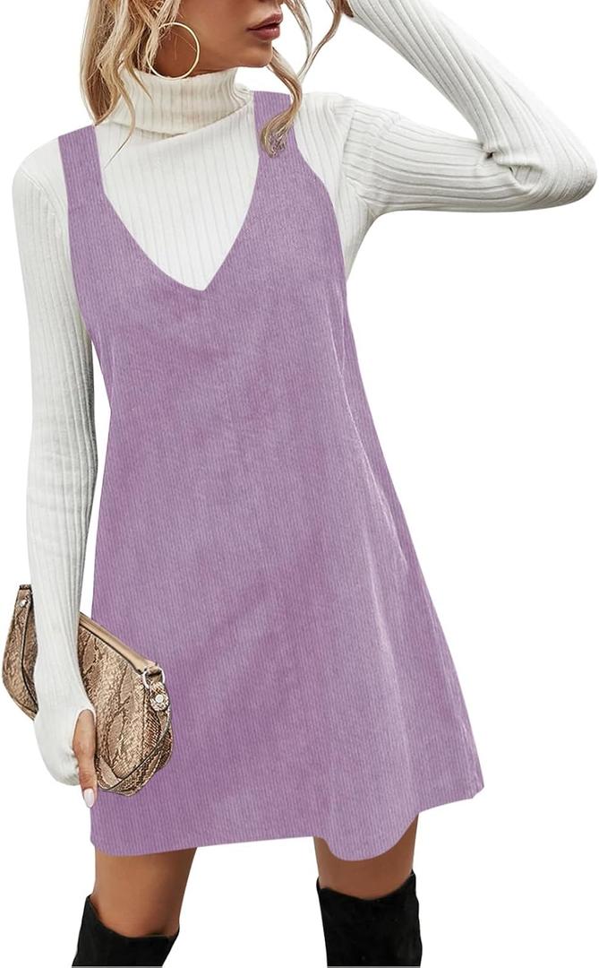 Koinshha Womens Corduroy Pinafore Dress Casual Loose Sleeveless V Neck Fall Overall Mini Dresses