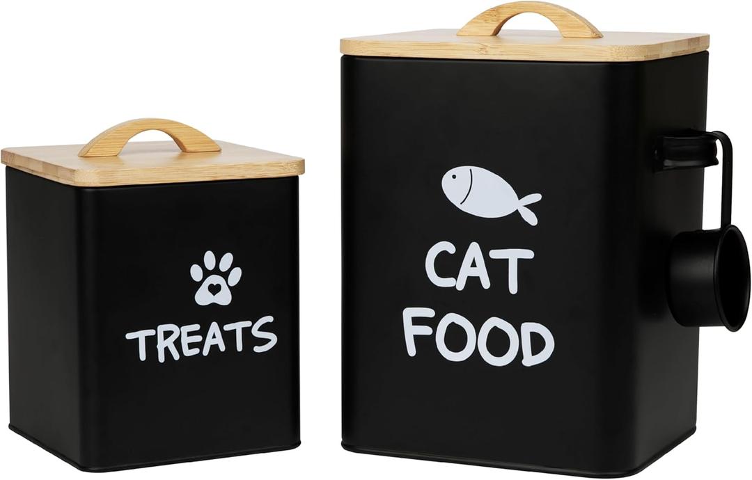 Calindiana Airtight Cat Food Storage Container with Bamboo Lid & Scoop  Farmhouse Cat Food Organizer, Gifts for Cat Lovers (Matte Black)
