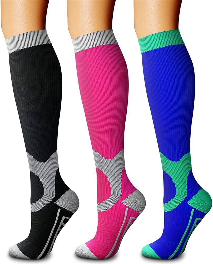 CHARMKING Compression Socks for Women & Men Circulation (3 Pairs) 15-20 mmHg is Best Support for Athletic Running Cycling (Large-X-Large, 20 Black/Rose Red/Blue)