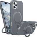 Liquid Silicone Case for iPhone 16 Pro Max with Magnetic Ring Stand, Military Grade Shockproof Protection, Anti-Scratch Microfiber Lining Covers for iPhone 16 Pro Max, Grey