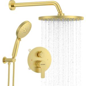 Shower Set - Brushed Gold Finish, Powerful High Pressure Showerhead System with 3 Adjustable Settings and Handheld Capability, Valve Included