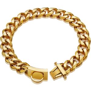 Gold Dog Chain Collar Walking Metal Chain Collar with Design Secure Buckle,18K Cuban Link Strong Heavy Duty Chew Proof for Medium Dogs(19MM, 14")