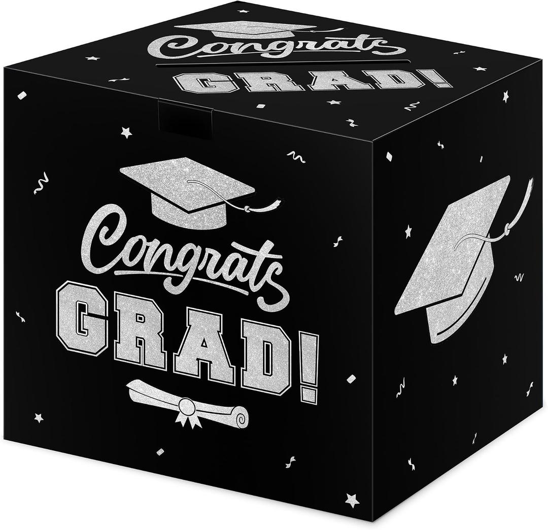 2 x Graduation Decorations 2026 Card Box, Black Silver Congrats Grad Paper Gift Crad Boxes Holder for Class of 2026 Graduation Party Decoration Supplies Table Decor Favors Props Decor, 9 x 9 x 9 inches