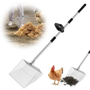 15-inch Large Chicken Poop Scooper with Ergonomic Grip, 4 in 1 Adjustable Chicken Coop Pooper Shovel (24 to 70"), Sifting Litter Shovel for Chicken Coop/Goat Stall/Stable Cleaning