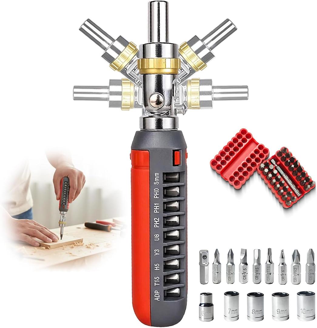 Magnetic Ratcheting Screwdriver Set, 180 Degree Adjustable screwdriver,Holding Up To 47 Bits with Phillips Slotted Hex Torx Bits, 48-Tooth Ratcheting Screwdriver for Small Spaces