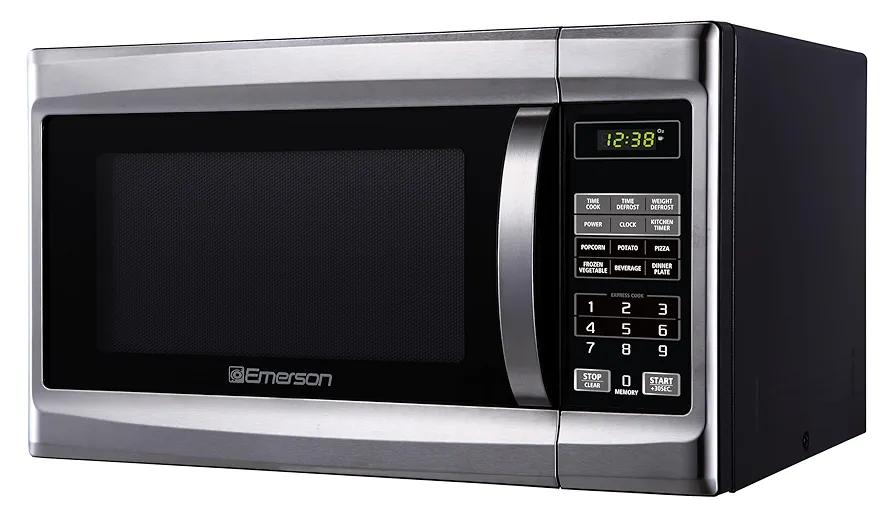 Emerson MW1338SB Countertop Microwave Oven, 6 Pre-Programmed Settings, Removable Glass Turntable, Child Safety Lock, 1.3 Cu ft, 1000W, Stainless Steel