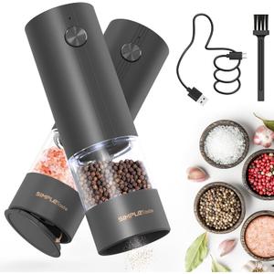 SIMPLETASTE Electric Salt and Pepper Grinder Set Rechargeable with LED Light and Dust Cover, Automatic Pepper Mill Shakers with Adjustable Coarseness, One Hand Operation for Kitchen, Dining, Gifting (Black)