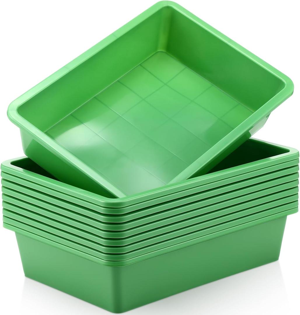 Hoteam 10 Pcs Flat Storage Organizer Tray Bin Letter Size Paper Tray for Classroom Plastic Stackable File Organizer for School Office Teacher Book Organization Green, 13.78 x 9.84 x 3.15 Inch