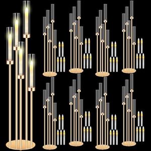 Tandefio 8 Sets Acrylic Candelabra Centerpieces 42.5" Tall Clear Candle Holders Pillar Taper Candlestick with Lampshades 5 Arm Floor Candelabra Stand for Wedding Christmas Ceremony Dinner Party