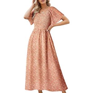 Dokotoo Womens Dresses 2025 Square Neck Tie Backless Summer Dresses Cap Sleeve Floral Buttoned Empire Waist Maxi Dress (S)
