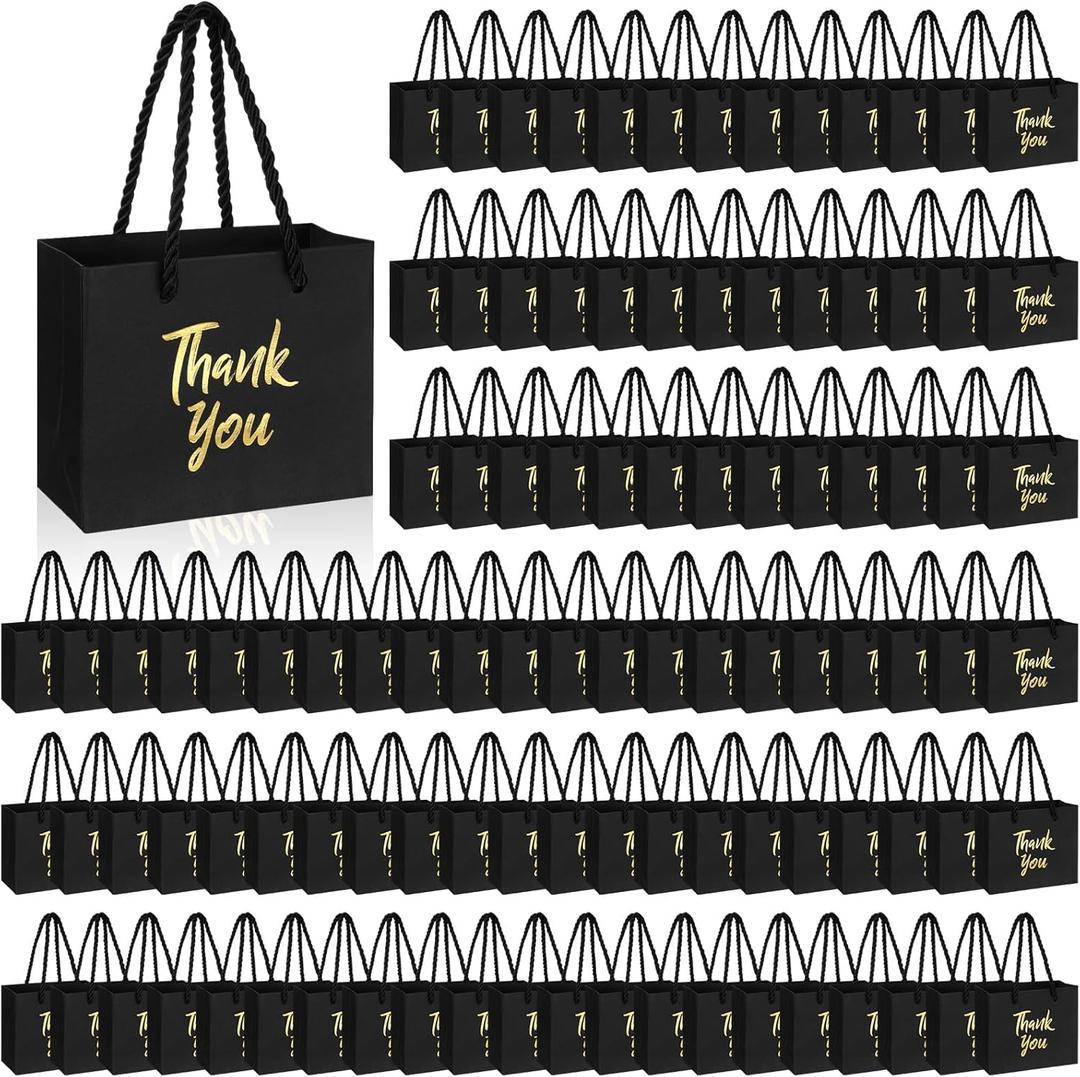Geyoga 100 Pcs Small Thank You Gift Bags Bulk 4.7 x 2.36 x 4'' Gold Foil Mini Thank You Goodie Gift Bags with Handles for Employee Appreciation Day Baby Shower Party Favor(Black)