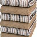 Kitchen Towels 16x 26 - 6 Pack | Large Cotton Dish Towels | Popcorn Stripe Design | 430 GSM Highly Absorbent with Hanging Loop | Tan