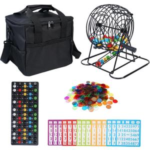 Deluxe Bingo Game Set with Laser Engraved Balls & 300 Chips – Includes 8" Metal Bingo Cage, 100 Large Print Cards, Master Board, Storage Bag for Family Parties & Group Games