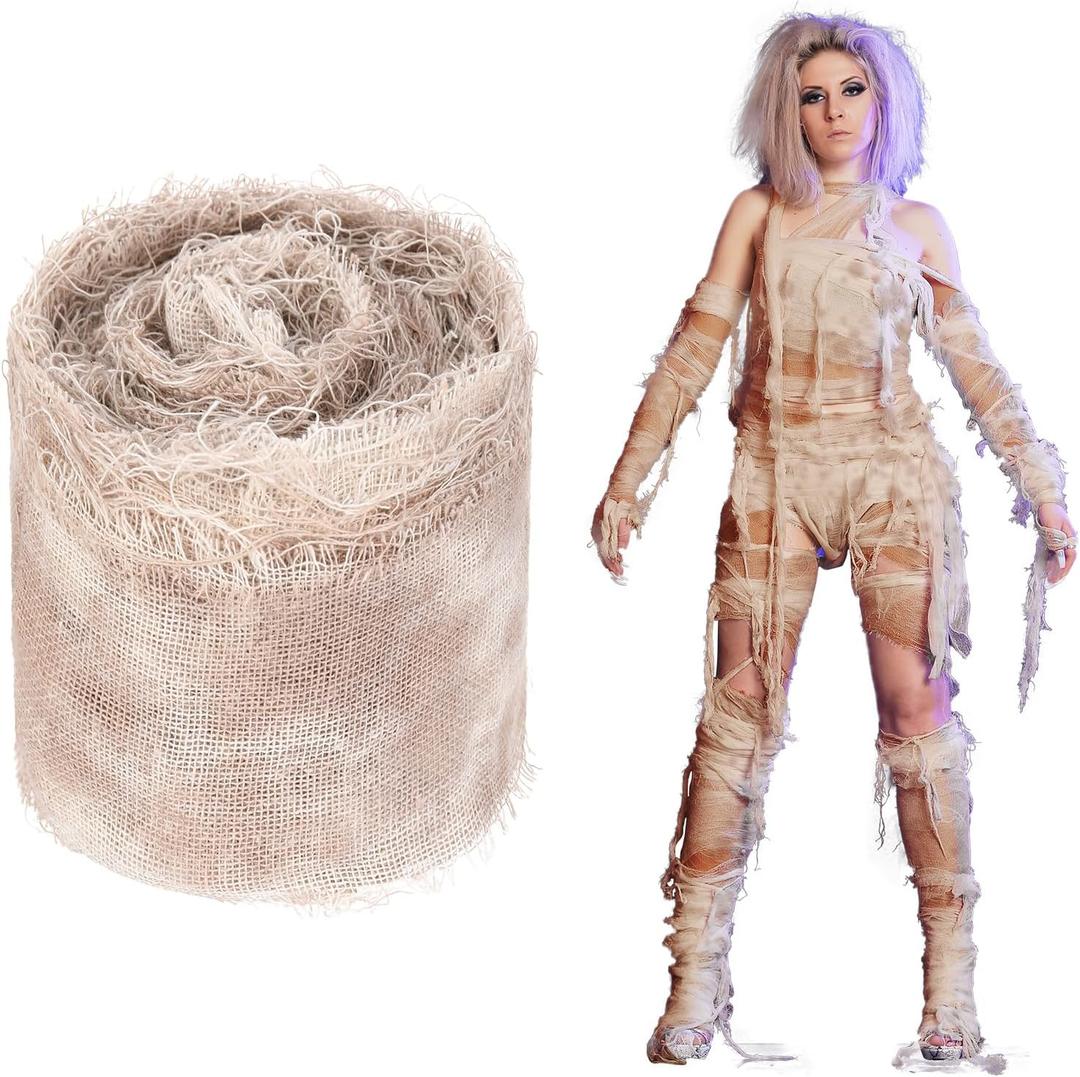 Preboun Halloween Mummy Bandage Wrap Bloody Gauze Zombie Makeup Props Creepy Costume Bandage Cosplay Party (Brown,65.6 ft X 3.15 Inch)