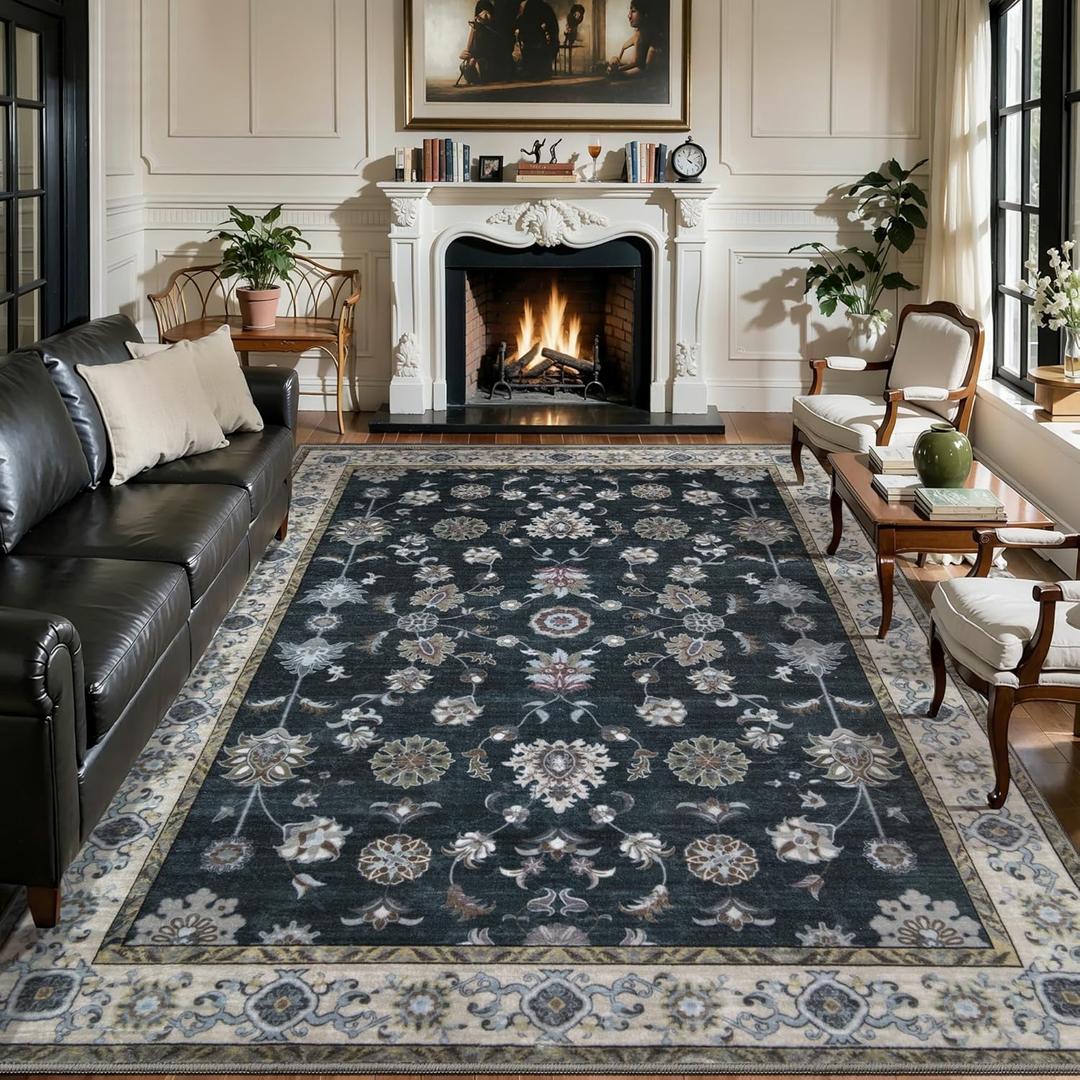 Tangsoo Black 8x10 Washable Area Rugs for Living Room, Floral Vintage Indoor Non Slip Large Area Rugs, Print Carpet Soft Low Pile Foldable Floor Rug for Bedroom Dining Room Dorm