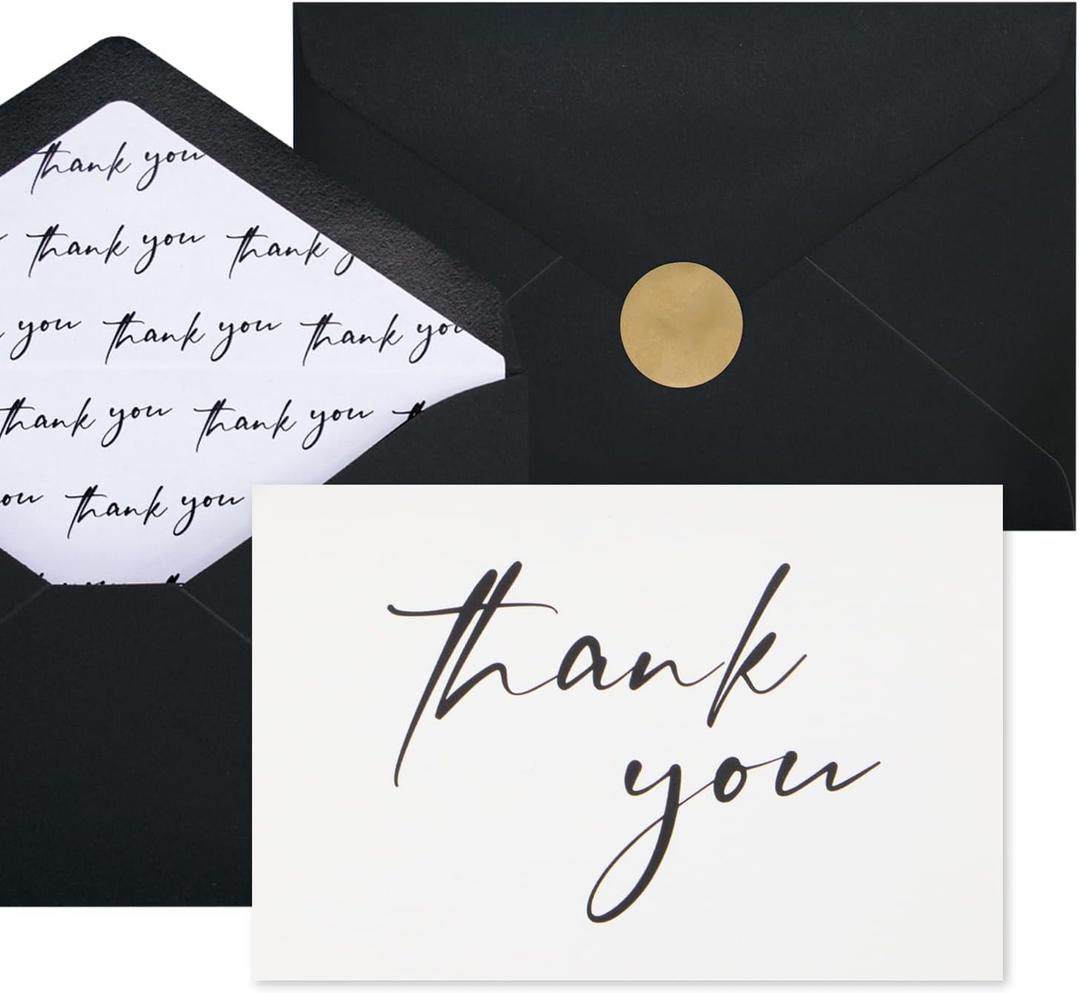 AZAZA 50 Pack Black Thank You Cards with Envelopes 4x6 inch, Bulk Thank You Notes 2 Minimalistic Designs, Funeral Thank You Cards with Envelopes & Gold Stickers for Graduation, Small Business
