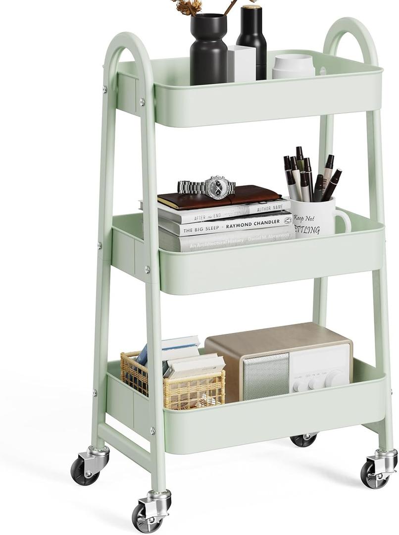 OLIXIS 3 Tier Utility Rolling Cart, Metal Mobile Storage Shelf with Lockable Caster Wheels, Organization for Livingroom, Bathroom, Kitchen, & Narrow Places, Green