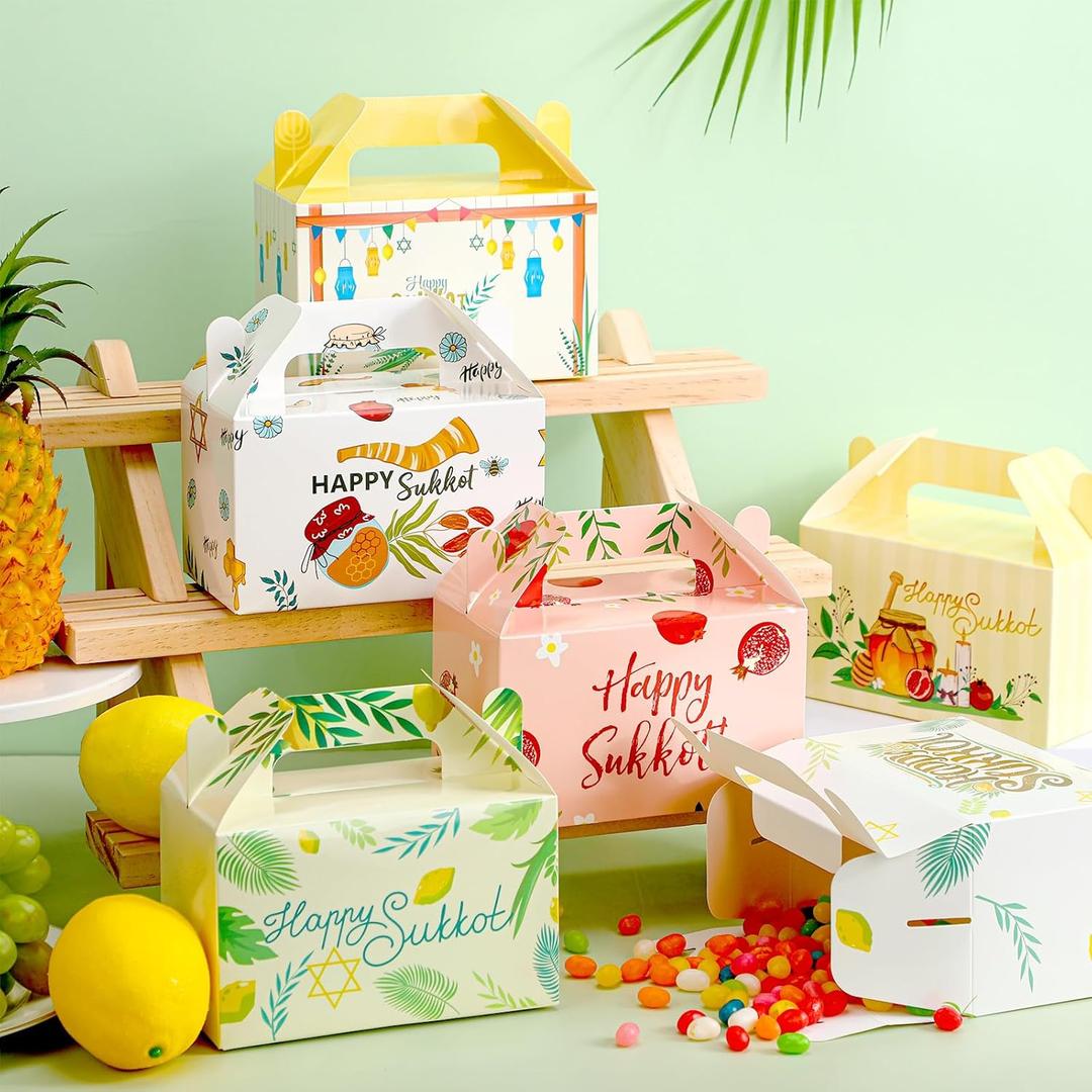 Gilprop 48 Pcs Happy Sukkot Gift Boxes Happy Sukkot Party Bulk Treat Boxes for Candy Cookies Snacks 6" x 4" x 4" Easy to Assemble Gabled Boxes for Jewish Festival Holiday Party Favor