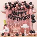 Rose Gold and Black Birthday Party Decorations with Happy Birthday Banner Fringe Curtai Cake Topper Butterfly Decorations Foil Balloons Happy Birthday Decorations for Women Adults