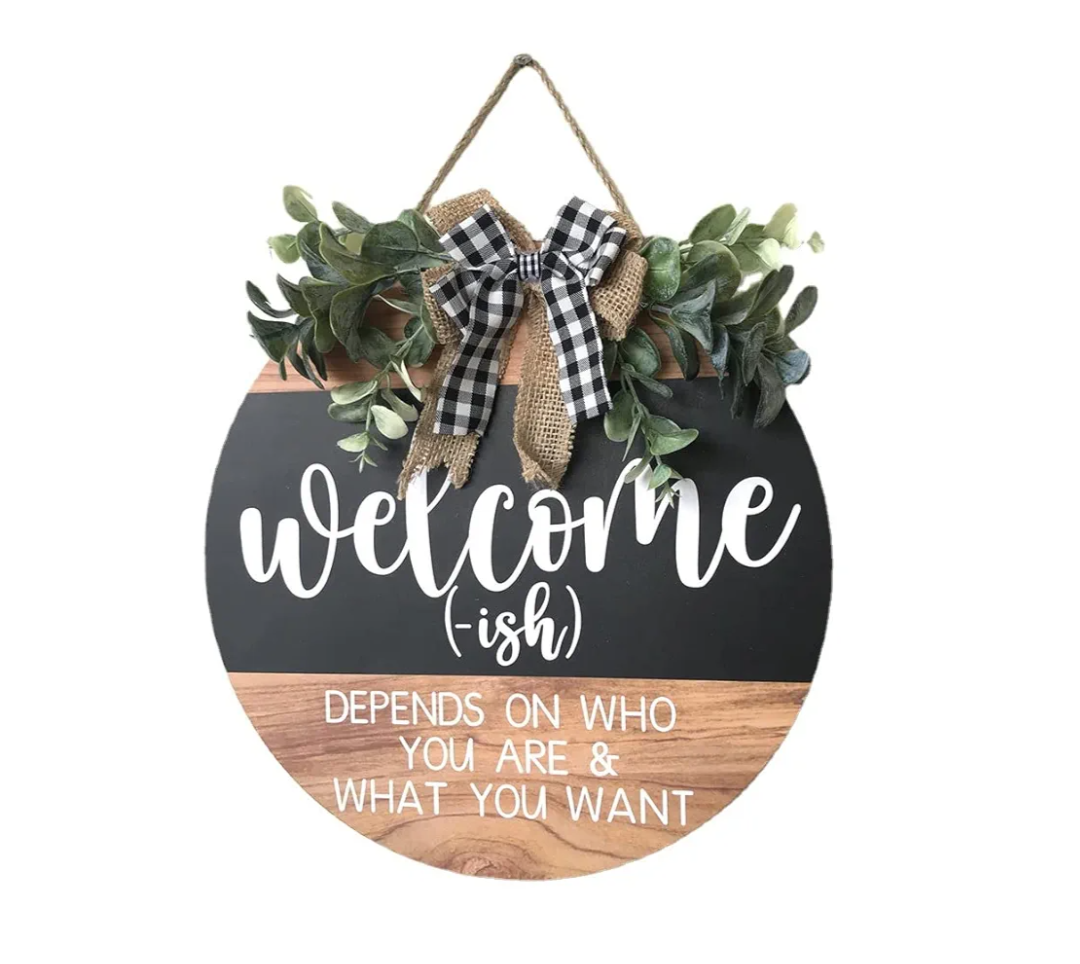 Welcome Sign Front for Door Decoration, 12 in Round Wood Wreaths Wall Hanging Outdoor, Farmhouse, Porch, for Spring Summer Fall All Seasons Holiday Christmas