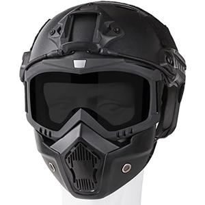 VPZENAR Airsoft Helmet and Mask, Full Face Mask with Detachable Goggles, Paintball Black Helmet with NVG Mount and Side Rail, Military Tactical Gear