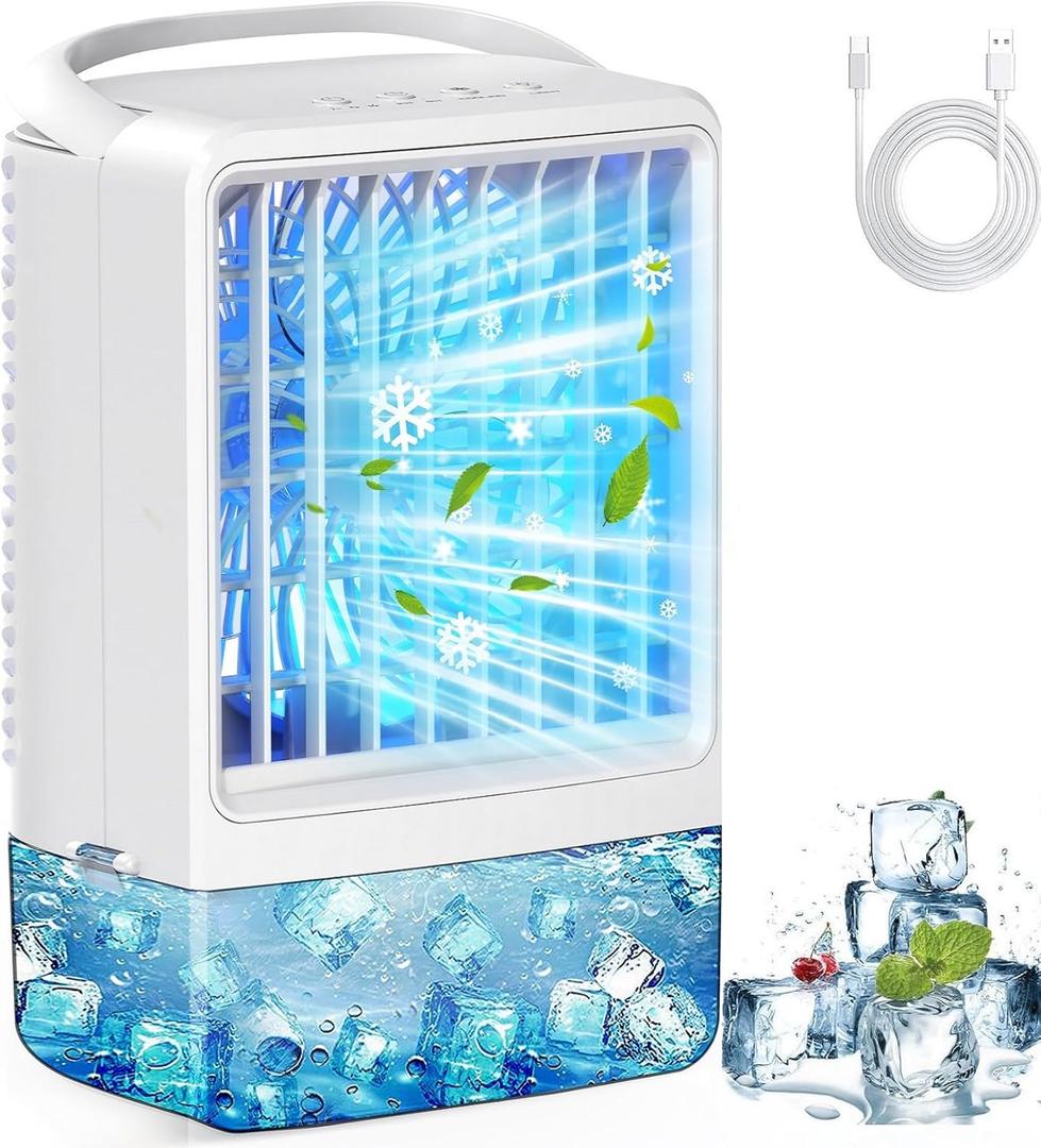 Mini Air Conditioner Small Air Conditioner Portable Air Conditioners with 1200ml spray/hour 3 Speed Wind & 7 Colorful LED Light Cool Mist &Timer Evaporative Air Cooler for Bedroom/Home/Office (White)