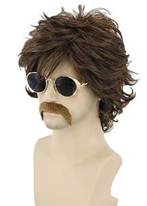 LeMarnia 70s Men's Wig Set Rockstar Hippie Wig for Men Retro Shaggy Brown Wig with Fake Mustache 70s Disco Costume