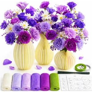 Crepe Paper Flower Making Kit, Complete DIY Craft Aesthetic Gift with 3 Vises & Supplies to Make 30 Flowers, Sensory Arts Spring Mother Day Gift Idea for Adults, Couples, Friends, Women(Purple)