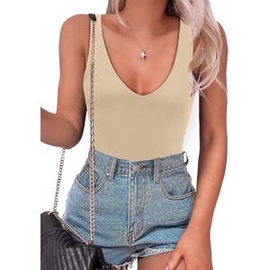 SAUNGKUAI Womens Bodysuit Sexy Plunge Deep V Neck Backless Sleeveless Tank Thong Body Suits Outfits for Going Out (Medium, Beige)
