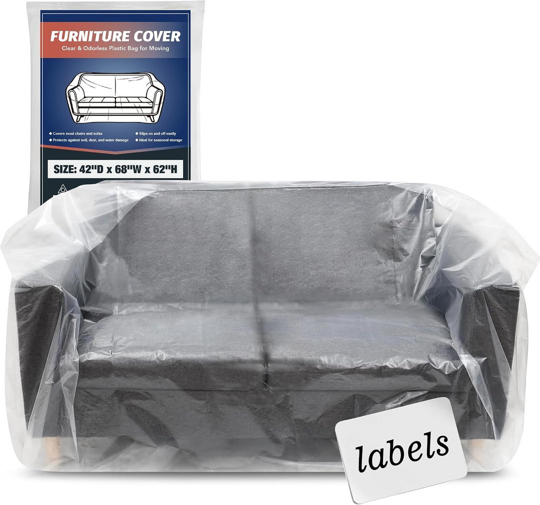 Moving Loveseat Plastic Clear Furniture Covers for Renovation, Wrap or Storage, Extra Large Bags for Love Seat, Bench and Large Items with Labels, Waterproof and Dust Proof, Open Size 68x 62 x 42 Inch
