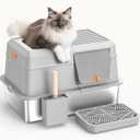Removable Stainless Steel Cat Litter Box with lid, Side & Top Entry Kitty LitterBox，Cat Litter Box Enclosure, XL Extra Large High-Sided Metal Cat Box with Scoop, Footboard（Grey）