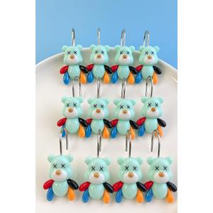 Blue Bear Shower Curtain Hooks Set of 12, Cute Resin Animal Design with Colorful Arms for Kids Bathroom, Decorative Cartoon Shower Curtain Rings for Boys or Family Bath Decor