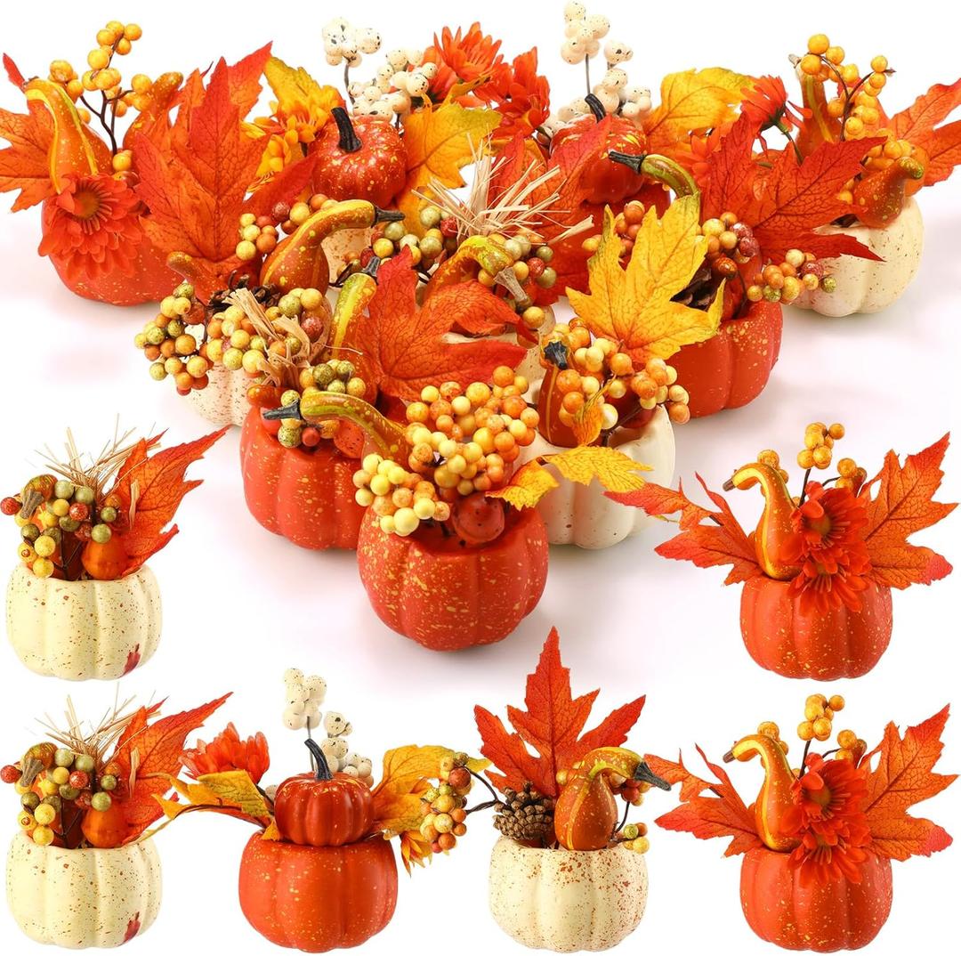 Crowye 30 Pack Fall Centerpieces Artificial Pumpkin Flowers Fall Decorations for Home Topped Artificial Sunflowers Berry and Maple Fall Leaves Pine Cones Fake Pumpkins for Halloween Thanksgiving