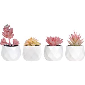 Tiita Artificial Faux Succulents in Pots, Pink Fake Plants Ceramic Arrangement Planter for Women Desk Small Mini Tiny Decoration for Home Office Desk Window 4 Set, Pink