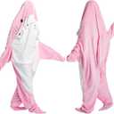 Shark Blanket Hoodie Onesie for Adult Kids, Cozy Flannel Throw Wearable Blanket, Cartoon Animals Shark Onesie Shark Costume (Large, Pink)