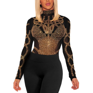 SEBOWEL Women Mesh Rhinestone Tops Sexy Sheer See Through Long Sleeve Shirt Glitter Sparkly Mesh Top Tee Blouse S