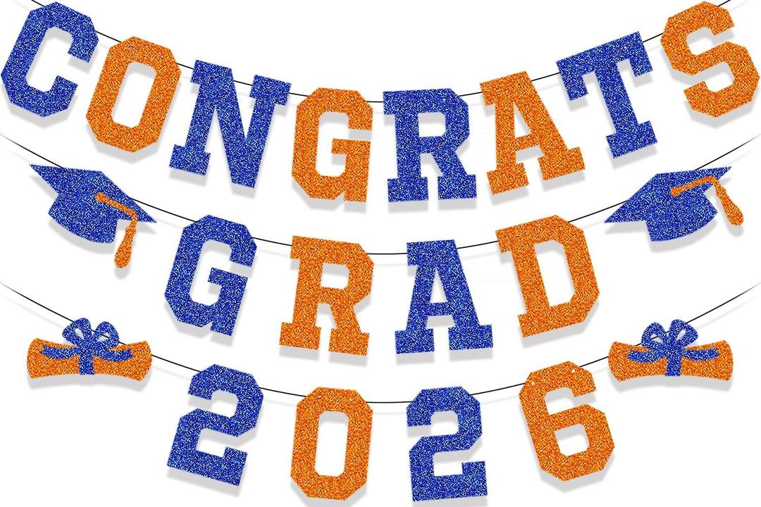 Congrats Grad 2026 Graduation Banner Congrats Grad Graduation Party Class of 2026 Congrats Grad Banner Hanging Decoration for Grad Party College High School Home Party Supplies Blue and Orange Glitter